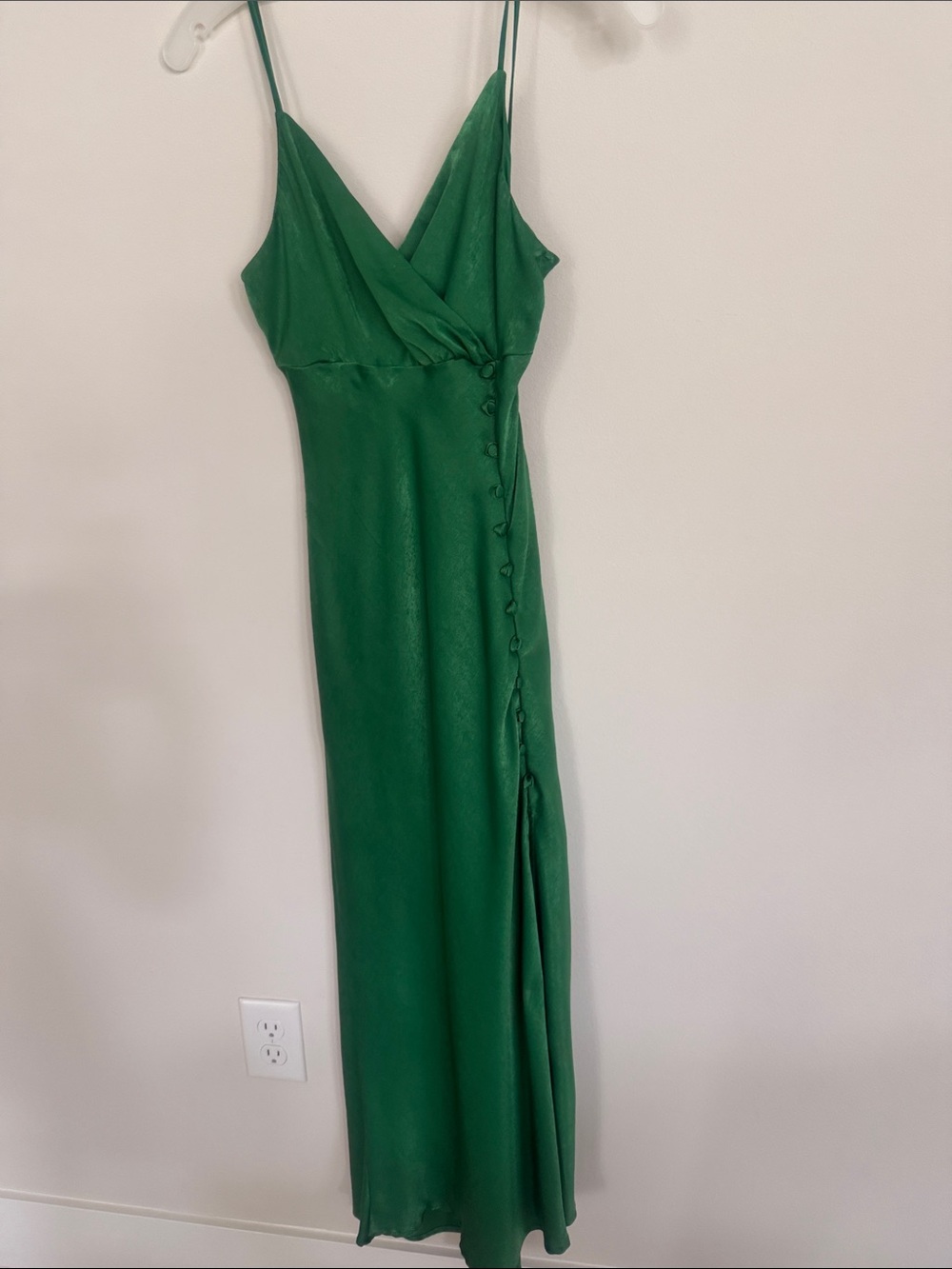 Zara Emerald Green Satin Maxi Slip Dress with Side Button Detail